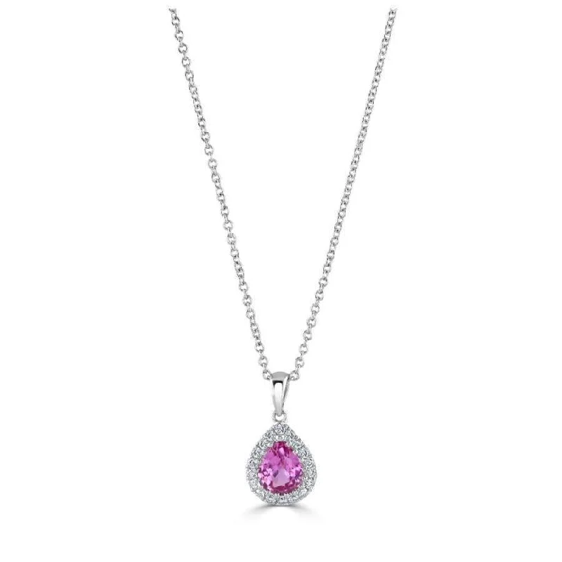 Oval stone engagement rings-18ct White Gold Pear Cut Pink Sapphire & Diamond Halo Cluster Pendant