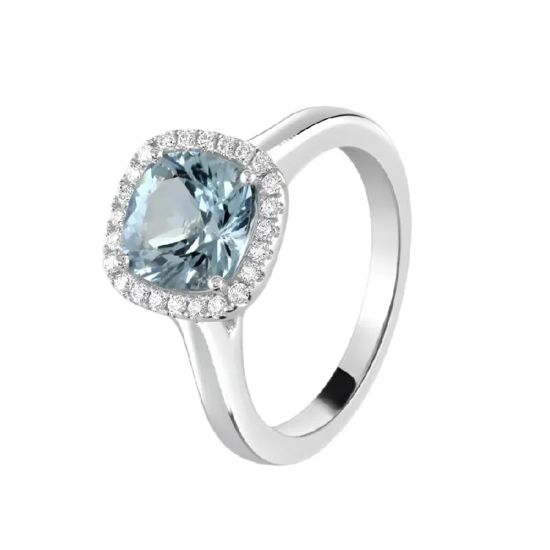 Rustic lock engagement rings-18ct White Gold Cushion Cut Aquamarine and Diamond Halo Cluster Ring