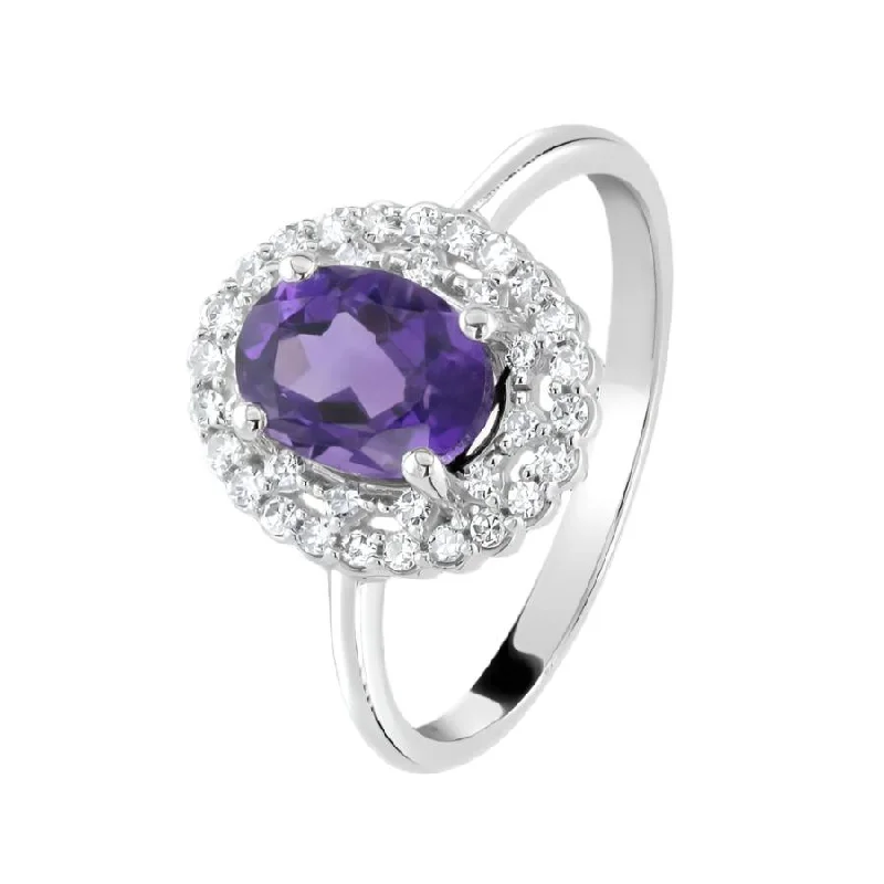 Aquamarine engagement rings-9ct White Gold Oval Cut Amethyst & Diamond Cluster Ring