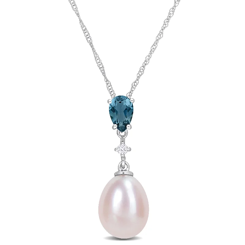 Morganite necklaces-Miadora Pink Cultured Freshwater Pearl 1/2ct TGW Blue Topaz Diamond Accent Necklace 10k White Gold