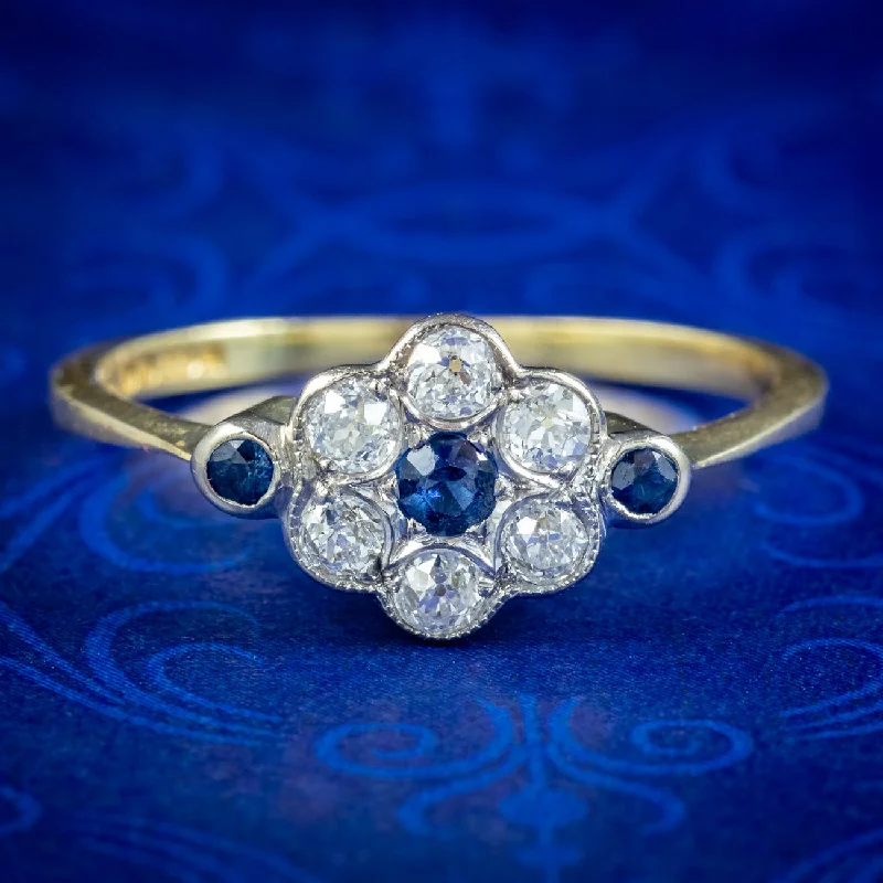 Oval charm rings-Edwardian Style Sapphire Diamond Daisy Cluster Ring