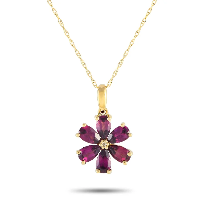 Wave motif necklaces-Yellow Gold 0.01ct Diamond and Rhodolite Flower Necklace PD4-15845YRHOD Length 18 Inch