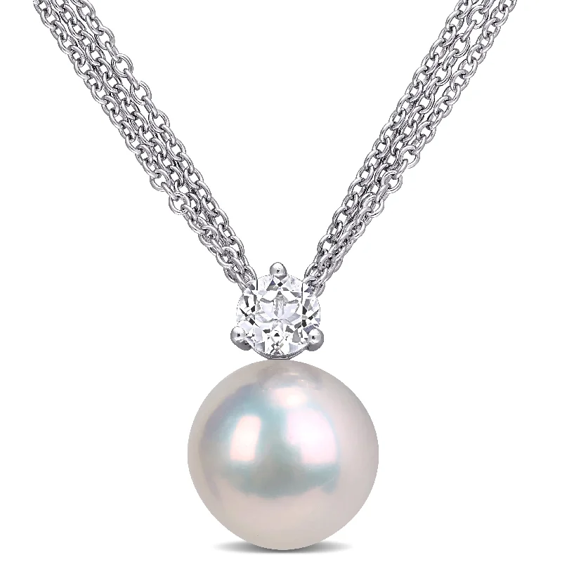 Bali style necklaces-Miadora Sterling Silver Cultured Freshwater Pearl and White Topaz Multi-Chain Necklace (11-12 MM)