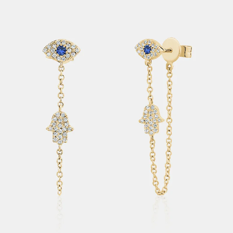 Thick hoop earrings-Evil Eye Hamsa Chain Earrings