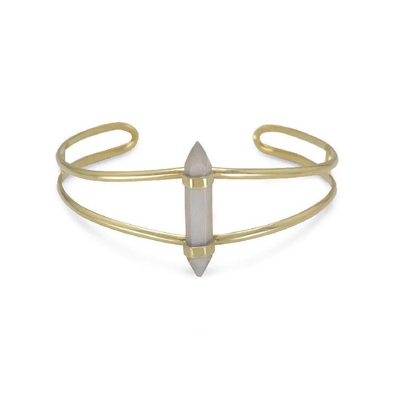 Polished bead bangles-14 Karat Gold Plated Split Cuff with Spike Pencil Cut Gray Moonstone