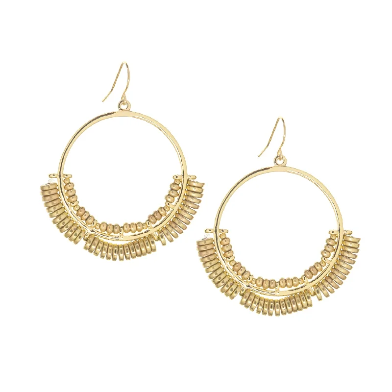 Light wood earrings-rondelle beaded ball open circle drop earring