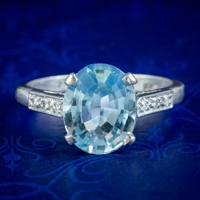 Gem stack rings-Vintage Aquamarine Diamond Ring 3.8ct Aqua