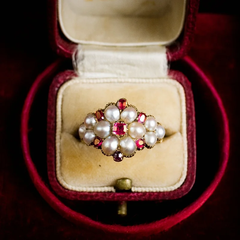 Solid gem rings-Thou Dost Enthrall Me! Antique Georgian Ruby & Natural Pearl Cluster Ring