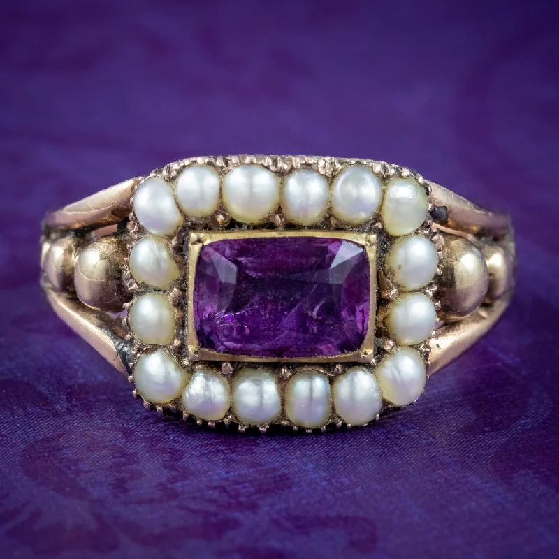 Matte finish rings-Antique Georgian Amethyst Pearl Ring 1.5ct Amethyst