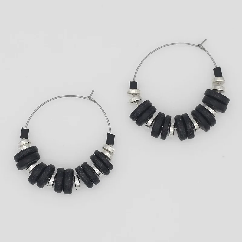 Subtle gem earrings-Black and Silver Hoop Dangle Earring