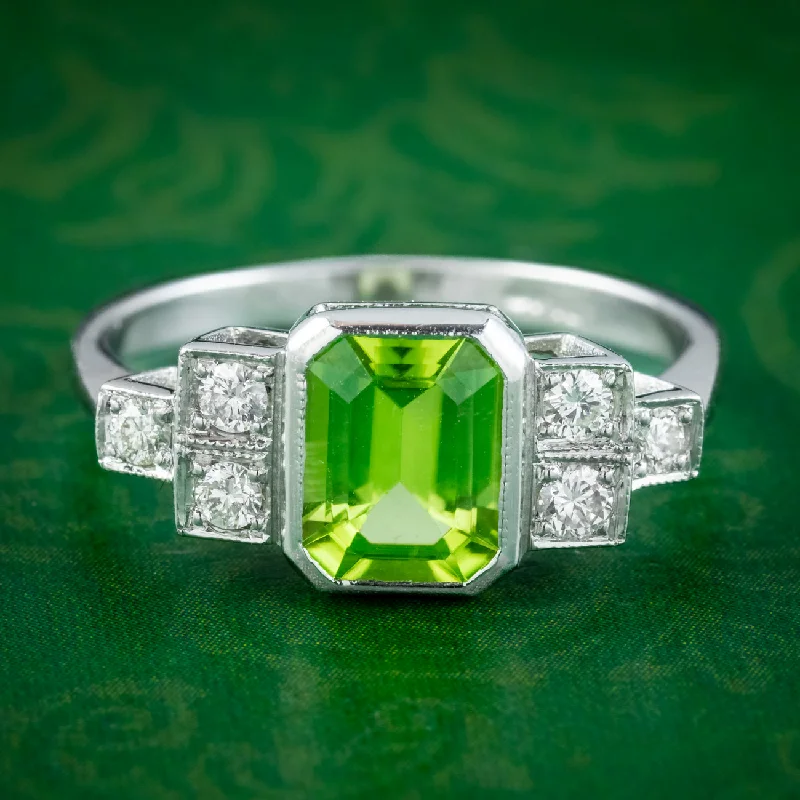 Turquoise gem rings-Art Deco Style Peridot Diamond Ring 1.5ct Peridot