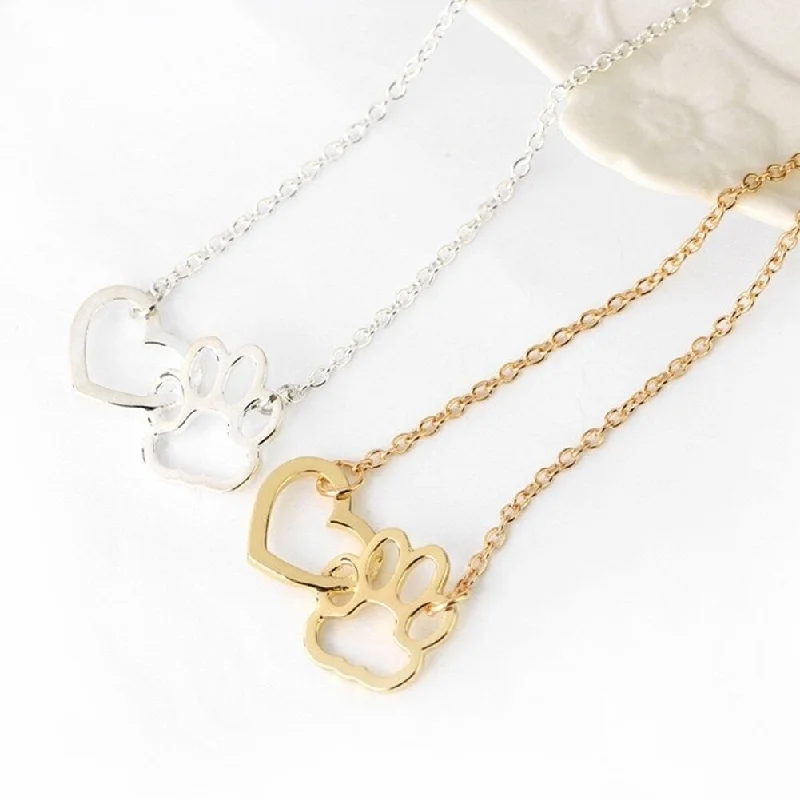 Rope braid necklaces-Women Fashion Dog Claw Paw Pendant Girl Heart Hollow Charm Necklace Jewelry Gift - no