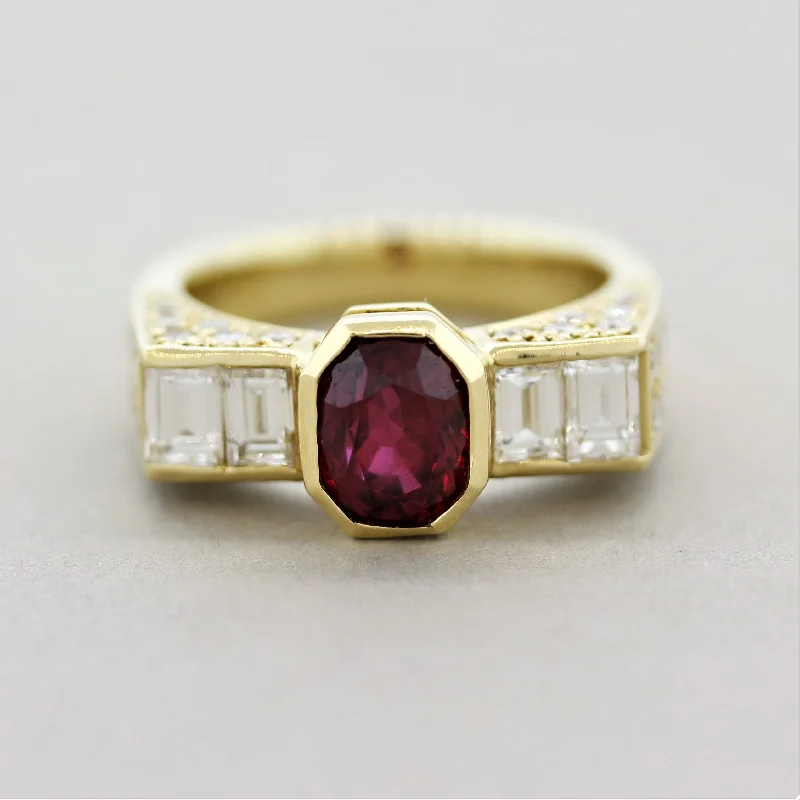 Oval shape rings-2.10 Carat Unheated Ruby Diamond Gold Ring, AIGS Certified