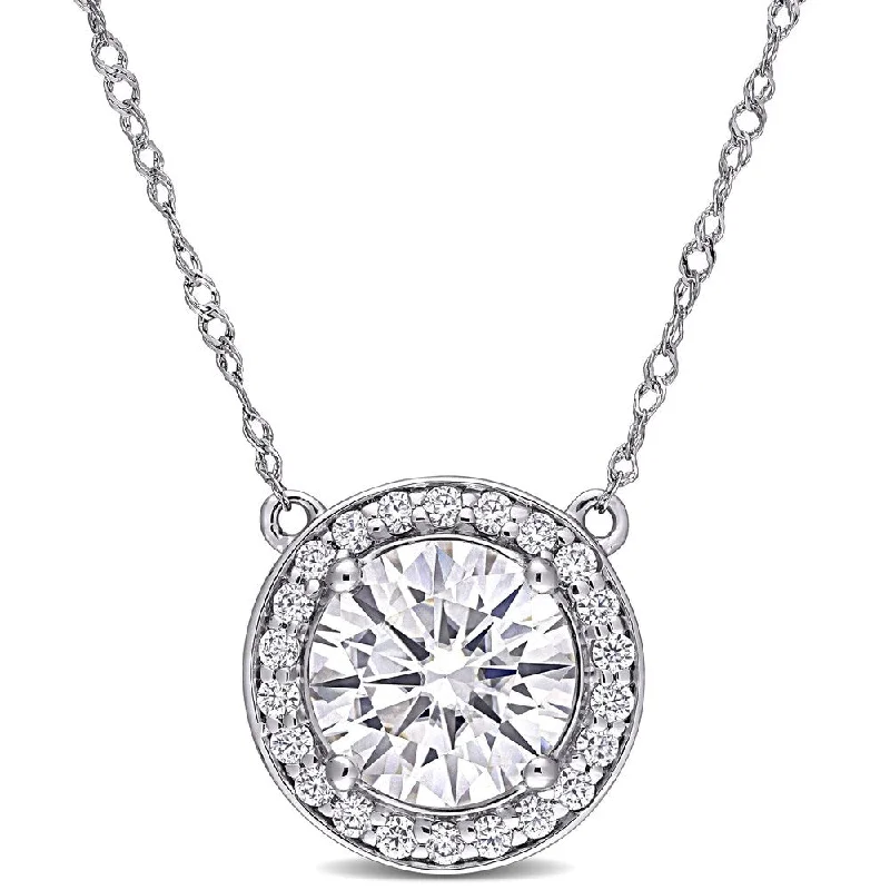 Swirl shape necklaces-Miadora 2 1/5ct DEW Moissanite Halo Necklace in 14k White Gold - 12.1 mm x 17 in x 12.1 mm