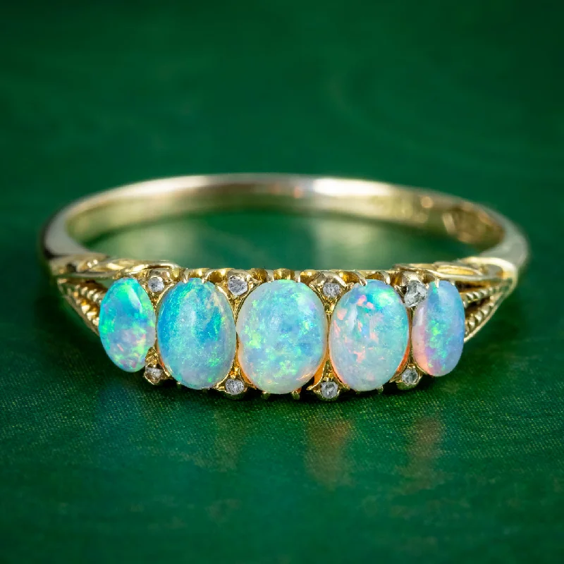 Thin frame rings-Antique Victorian Opal Diamond Five Stone Ring 1.1ct Total