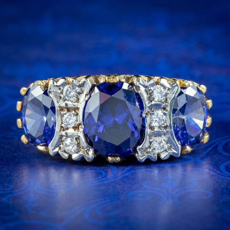 Glossy finish rings-Victorian Style Carved Half Hoop Cz Tanzanite Trilogy Ring