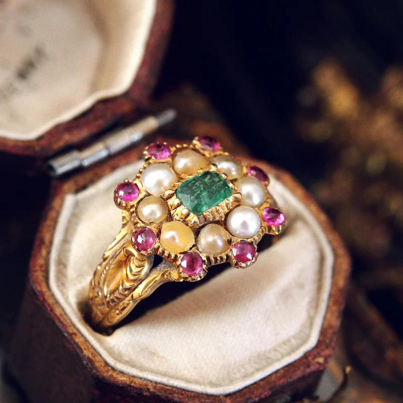 Open frame rings-Exquisite Antique Georgian Emerald, Pearl and Ruby Ring