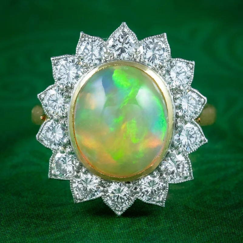 Raven feather rings-Edwardian Style Opal Diamond Flower Cluster Ring 3.1ct Opal