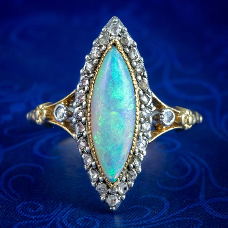 Oval stone rings-Antique Victorian French Opal Diamond Navette Ring 2.5ct Opal