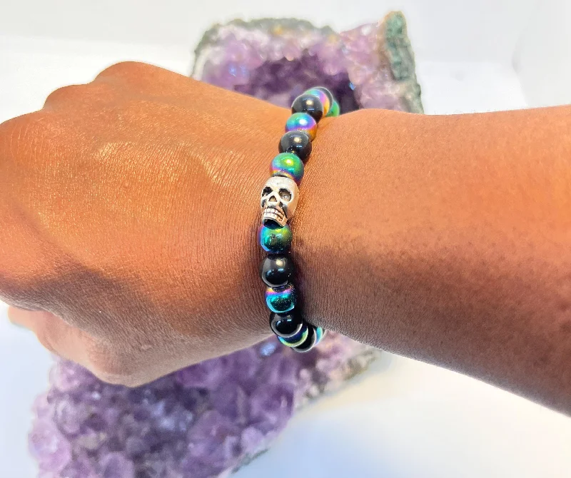 Spring clasp bangles-Rainbow Hematite Stretchy Bracelet w/Skull