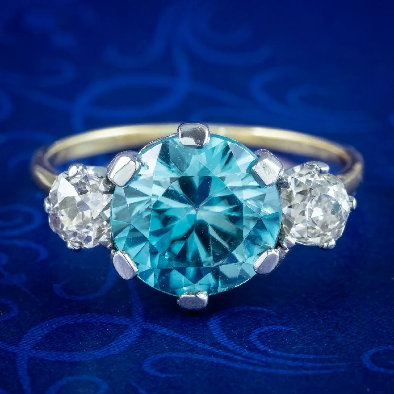 Dove feather rings-Antique Edwardian Blue Zircon Diamond Trilogy Ring 3ct Zircon