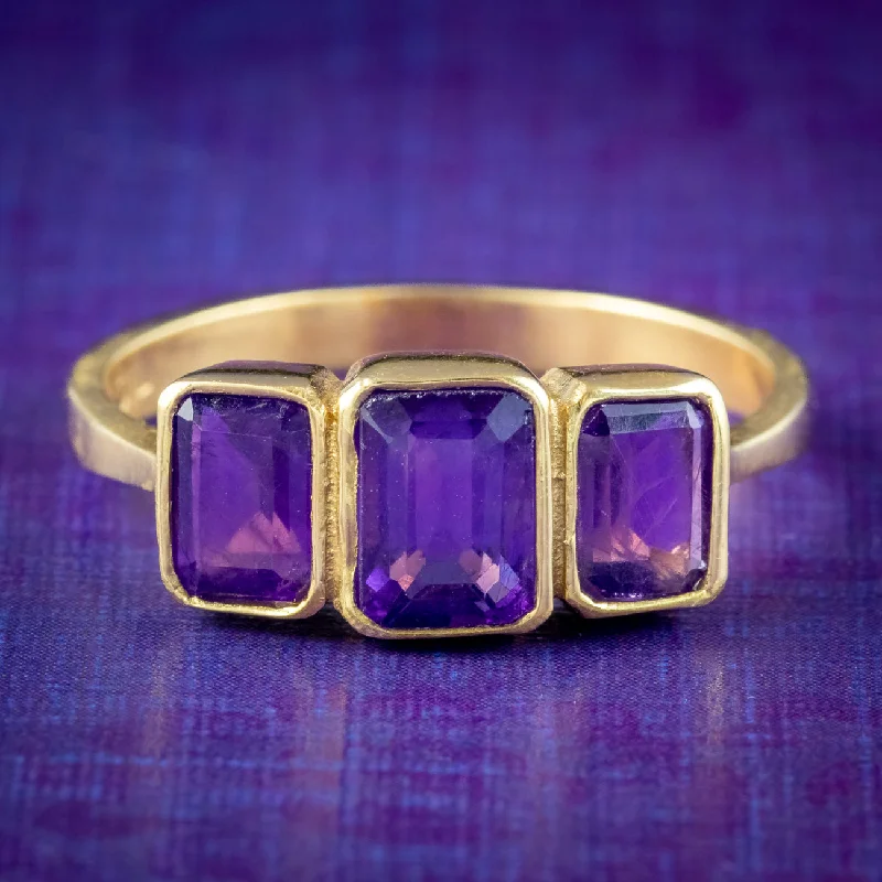 Round gem rings-Art Deco Style Amethyst Trilogy Ring 2.2ct Total