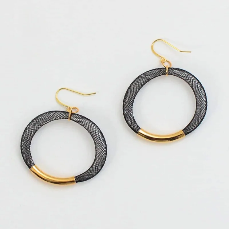 Worn medallion earrings-Black Mesh Hoop Earring Gold