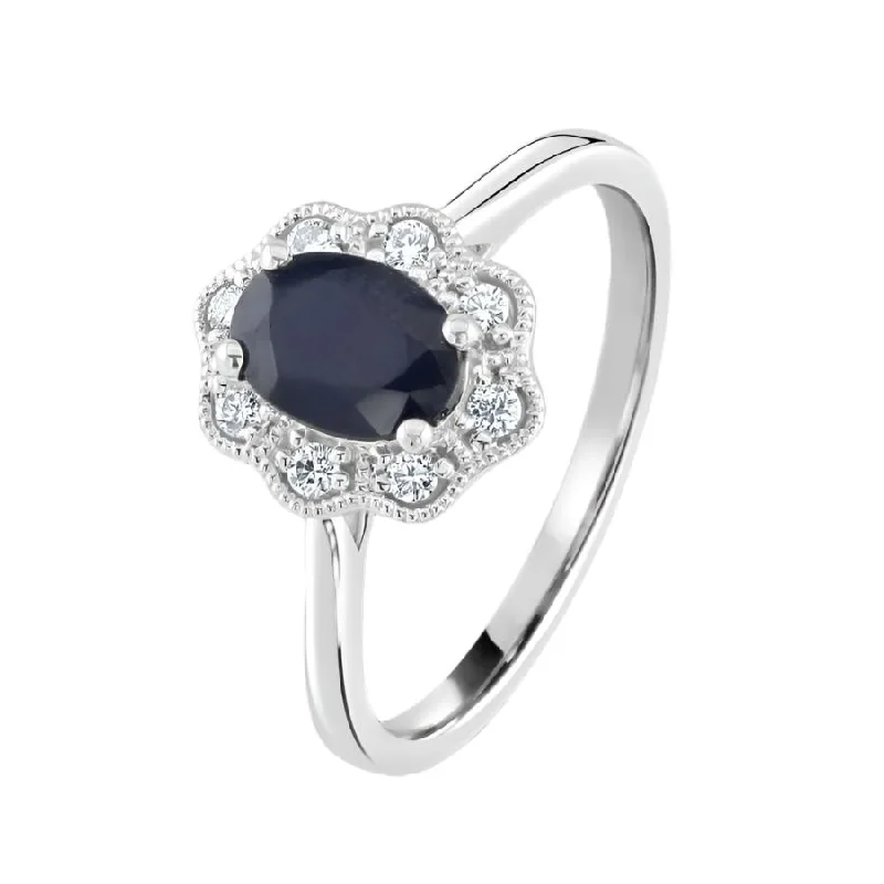 Wide geometric engagement rings-9ct White Gold Oval Cut Sapphire & Diamond Cluster Ring