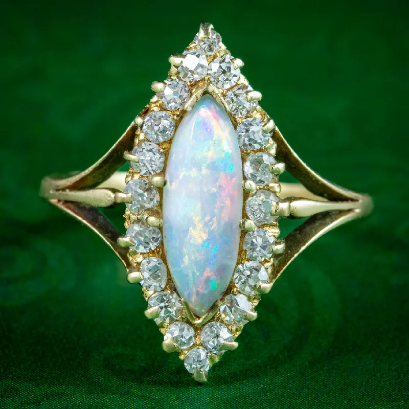 Sleek gold rings-Antique Victorian Opal Diamond Navette Cluster Ring 1ct Opal