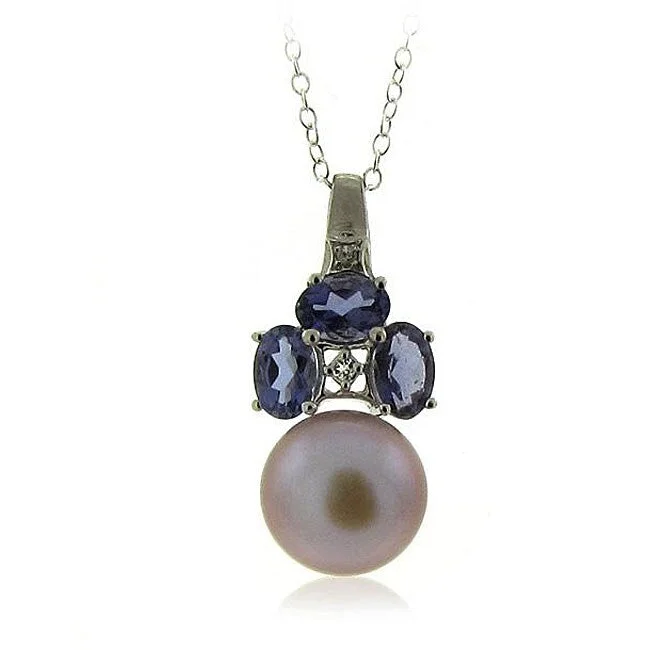 Zodiac charm necklaces-DaVonna Sterling Silver Freshwater Pearl, Iolite and Topaz Necklace (10-11 mm)