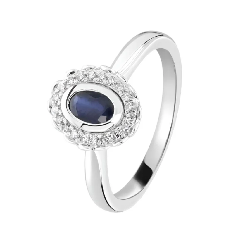 Moon motif engagement rings-9ct White Gold Oval Cut Sapphire & Round Brilliant Cut Diamond Cluster Ring