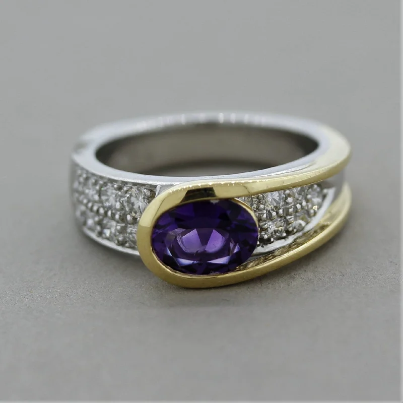 Thin frame rings-Modern Amethyst Diamond Platinum & Gold Two-Tone Ring