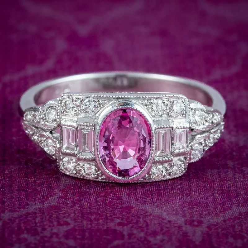 Fox motif rings-Art Deco Style Pink Sapphire Diamond Cluster Ring 0.65ct Sapphire