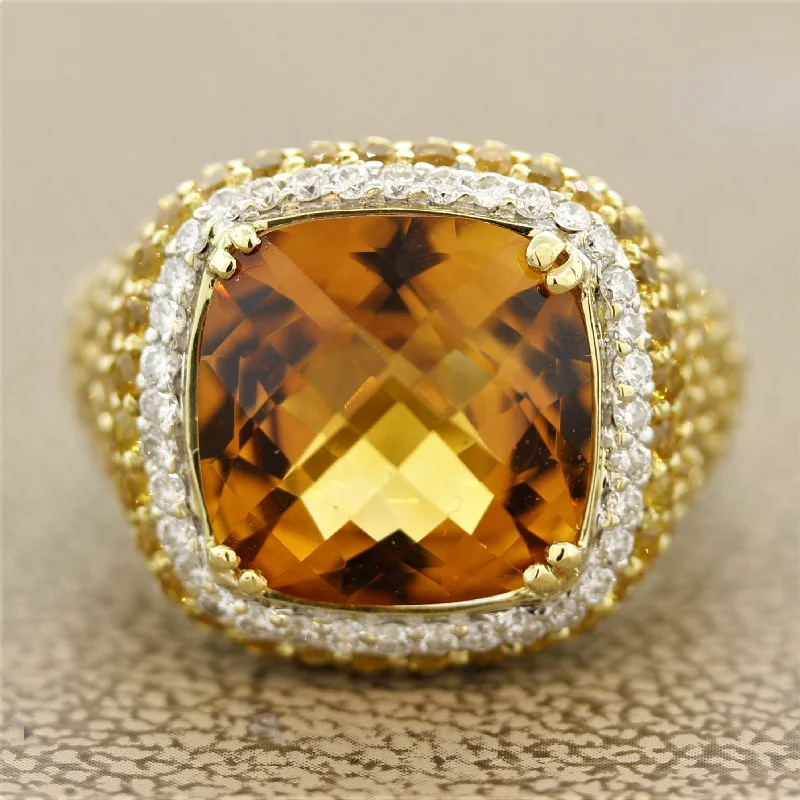 Curved gem rings-Citrine Diamond Yellow-Sapphire Gold Ring