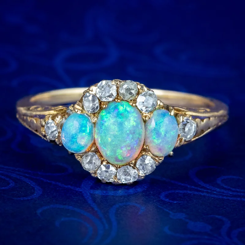 Turquoise gem rings-Antique Victorian Opal Diamond Cluster Ring 0.80ct Opal