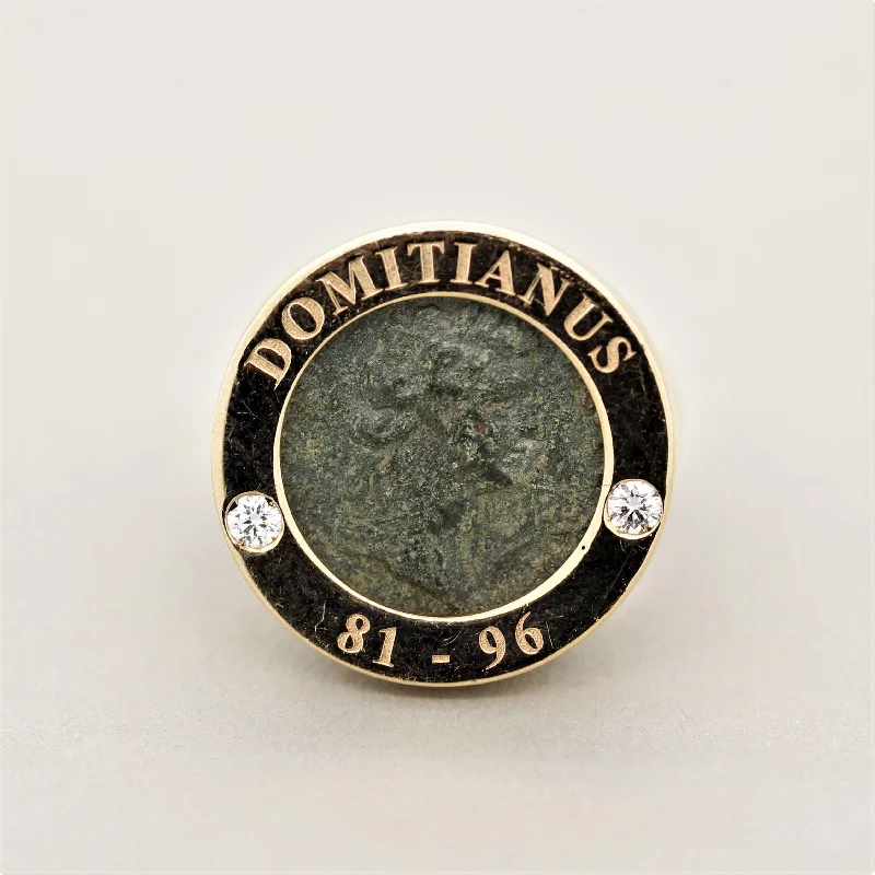 Agate gem rings-Italian Ancient Coin Diamond Gold Ring