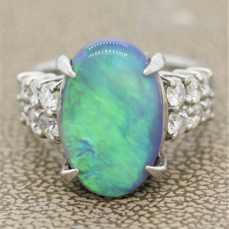 Oval shape rings-Australian Black Opal Diamond Platinum Ring