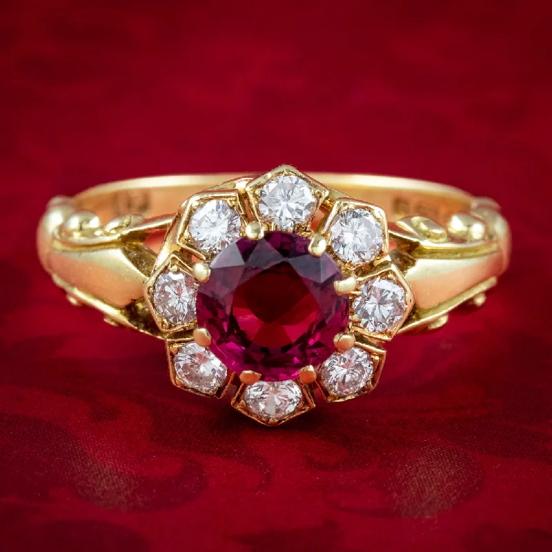 Topaz inlay rings-Vintage Ruby Diamond Cluster Ring Natural 1.13ct Ruby Dated 1977 With Cert