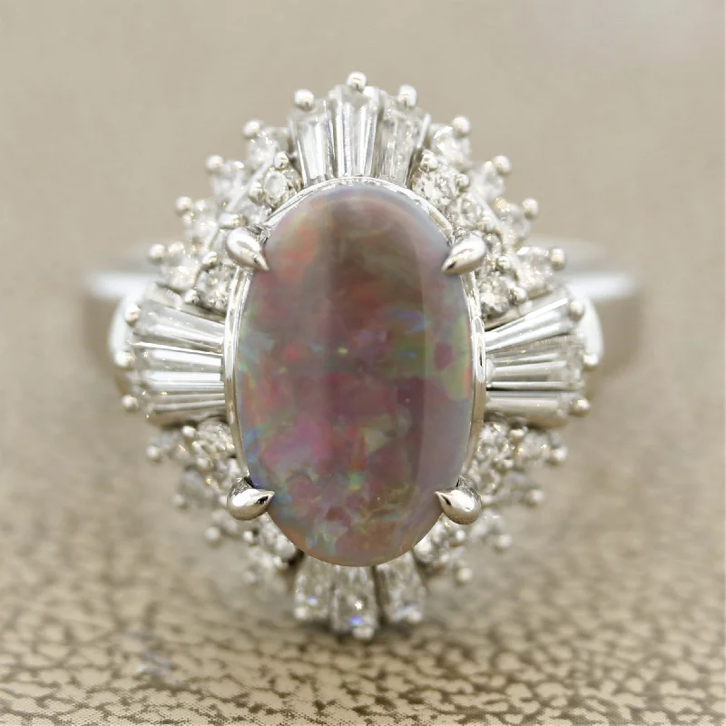 Mixed metal rings-Australian Black Opal Diamond Platinum Ring