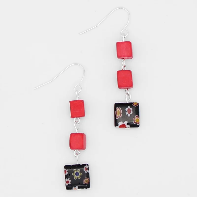 Square gem earrings-Red Floral Drop Earring