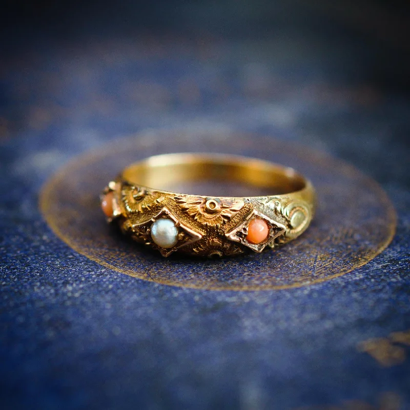 Warm clay rings-Rare Precious Date 1875 Etruscan Revival Coral & Pearl Ring