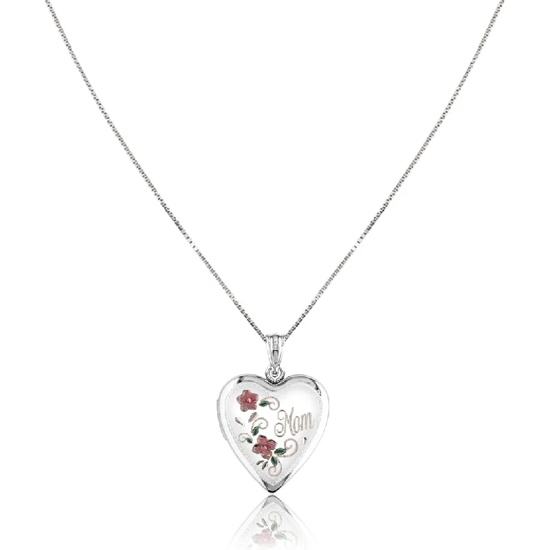 Sleek gem necklaces-Sterling silver "mom" heart locket necklace with enamel