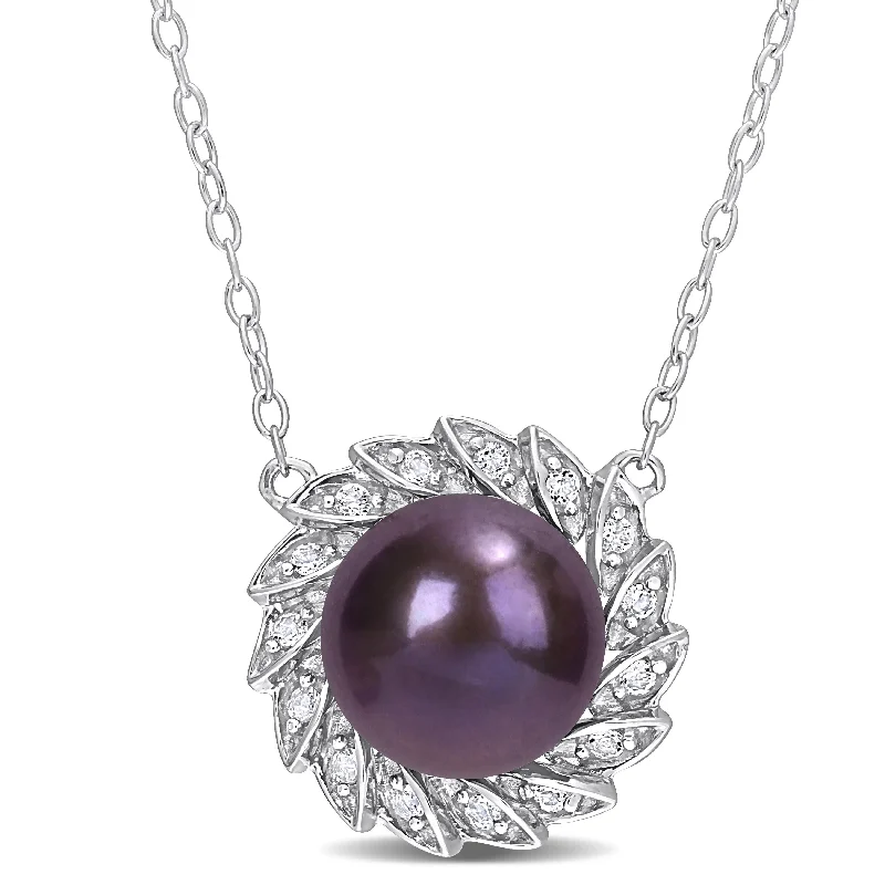 Matte gloss necklaces-Miadora Black Cultured Freshwater Pearl 1/6ct TGW White Topaz Floral Necklace Sterling Silver