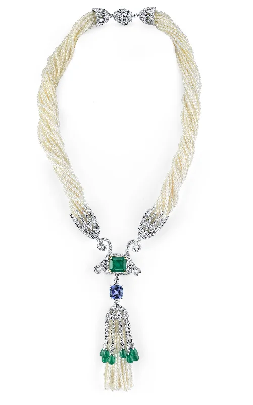 Cosmic glow necklaces-18K Sead Pearl Necklace With Emeralds Diamonds And Tanzanite