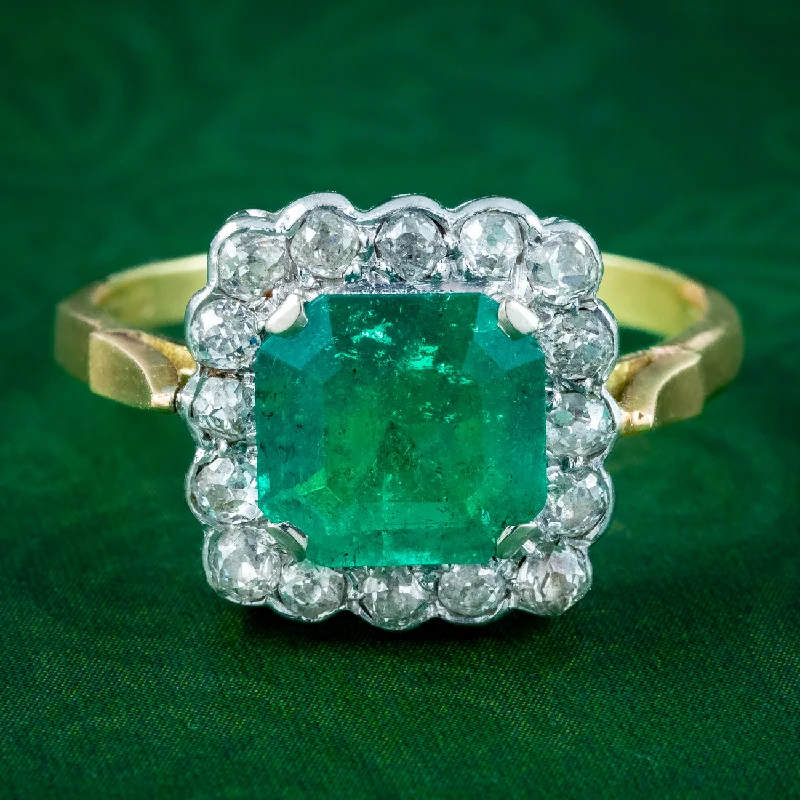 Petal carved rings-Vintage Emerald Diamond Cluster Ring 3.65ct Emerald Dated 1977