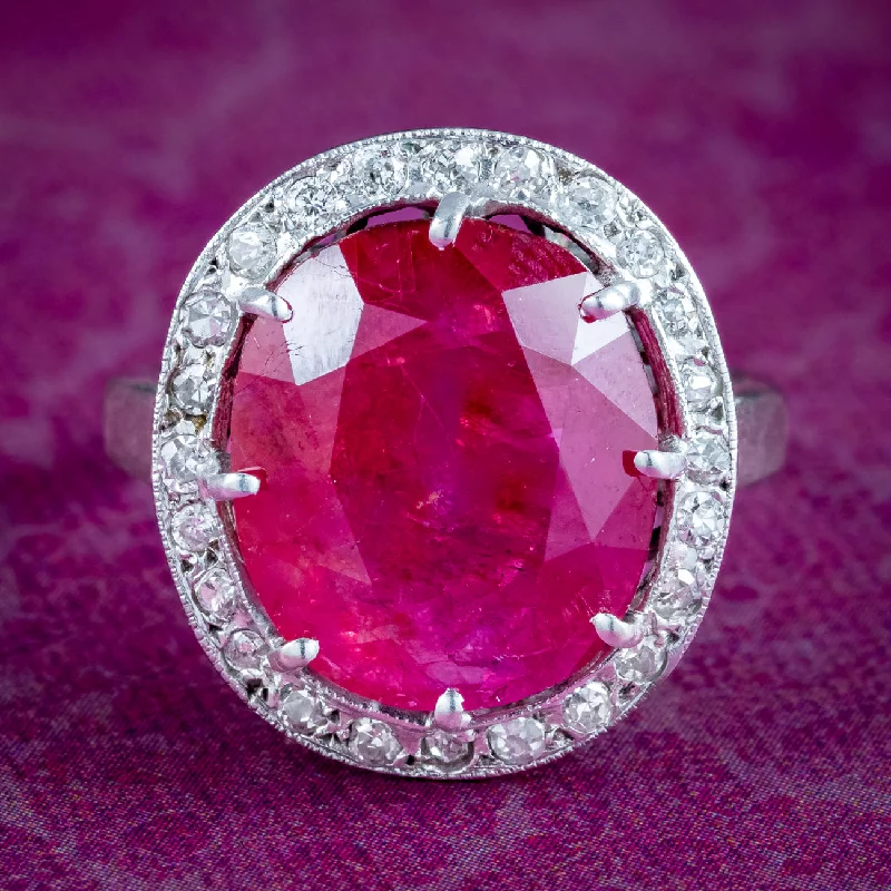 Light filigree rings-Vintage French Ruby Diamond Cluster Ring 9.2ct Burmese Ruby With Cert