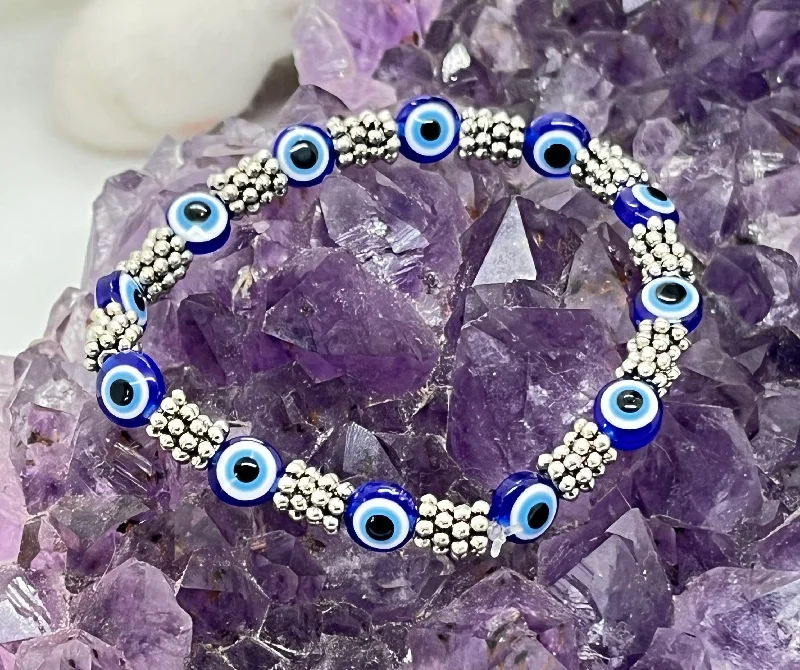 Rustic lock bangles-Evil Eye Stretchy Bracelet w/Tibetan Silver spacers