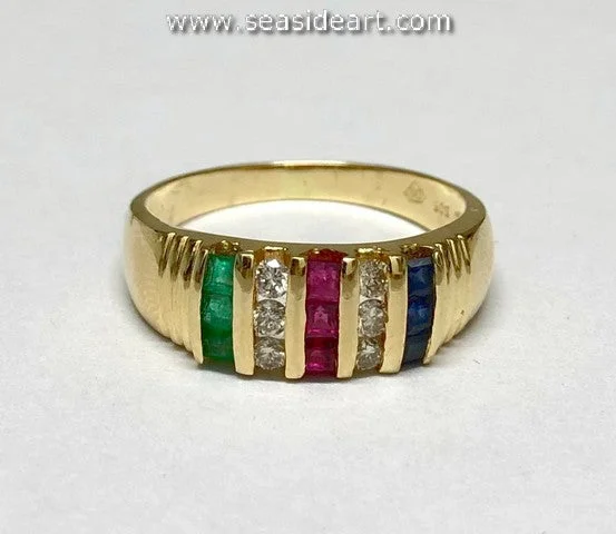 Petal carved rings-Emerald, Ruby, Sapphire and Diamond-14K Yellow Gold Lady's Ring