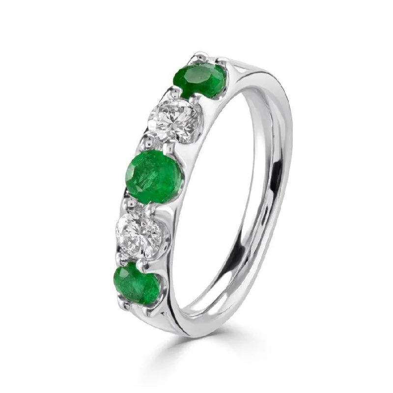 Beaded rim engagement rings-18ct White Gold Emerald & Diamond Claw Set 5-Stone Ring