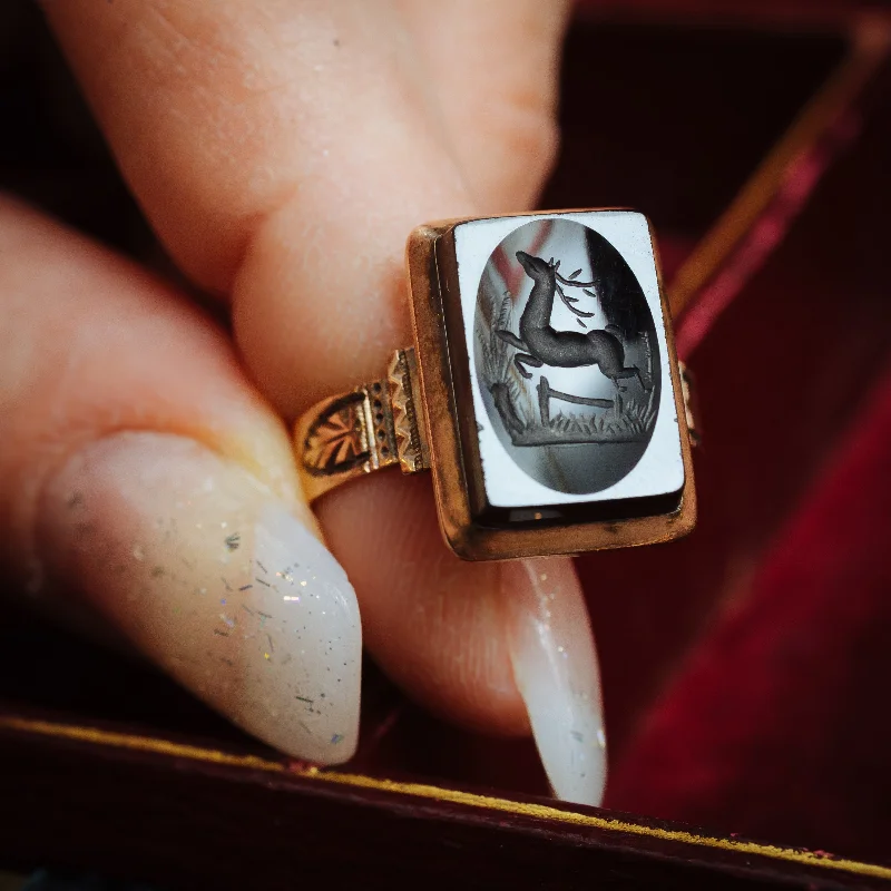 Agate gem rings-Unusual Circa 1900 Antique Deer Intaglio Ring